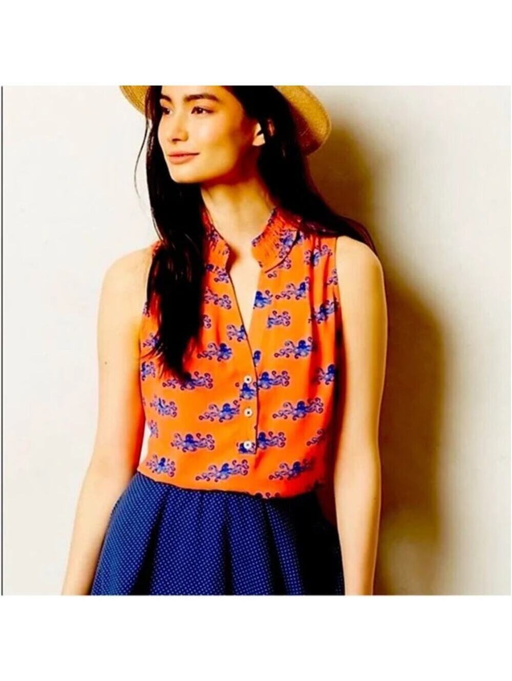 Anthropologie Maeve EUC Women's Orange Ruffle Sleeveless Octopus Blouse Size 2